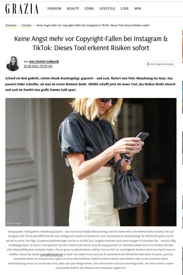 GRAZIA berichtet über Risiken bei Musiknutzung in Reels & TikTok Videos 
