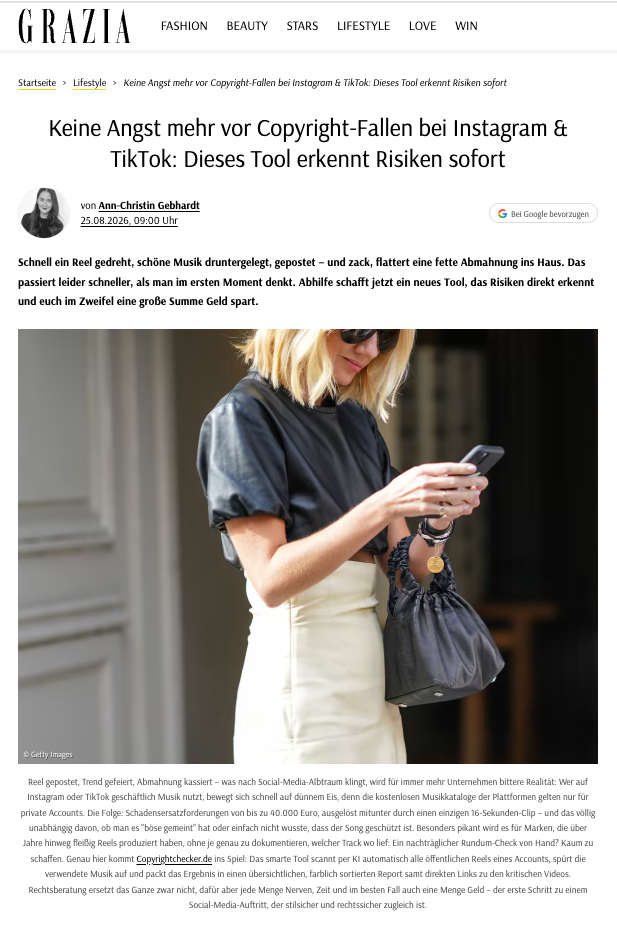 GRAZIA berichtet über Risiken bei Musiknutzung in Reels & TikTok Videos